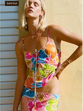 Spell | Margi Hour Bias Cami Small Paloma Floral Boho Lace Up Keyhole Top